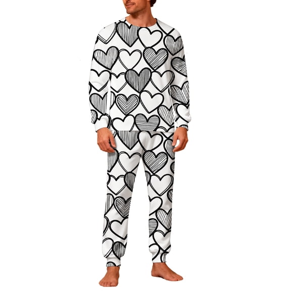Lorytime Matching Pajamas for Couples Valentines Heart Long Sleeve Crewneck Top with Pockets and Bottom Men Sleepwear