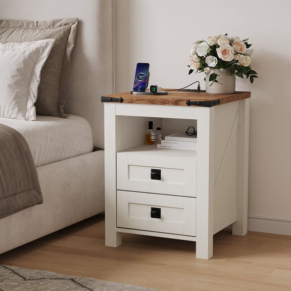 KeyWhat Farmhouse Nightstand with Charging Station for Bedroom, 2-Drawer Rustic End Tables for Living Room, Off White