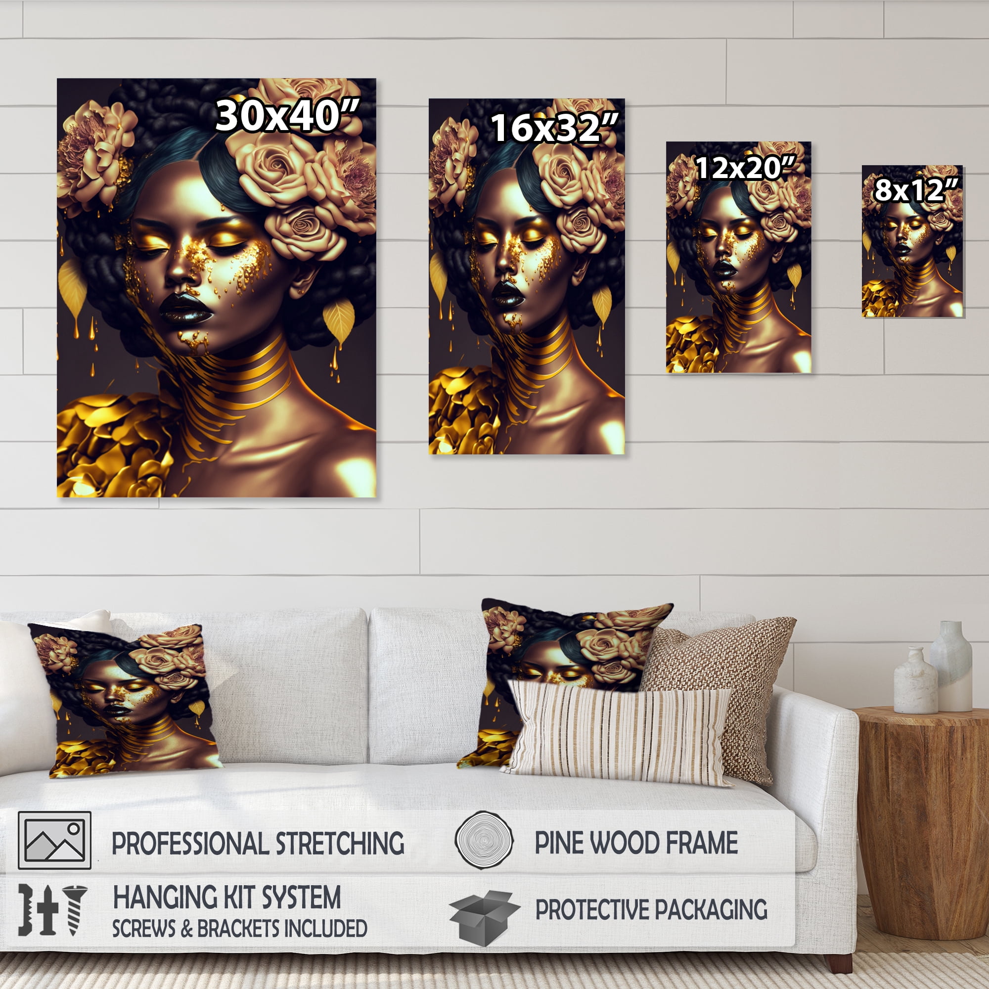 Designart Gold And Black Floral Woman IV Canvas Wall Art