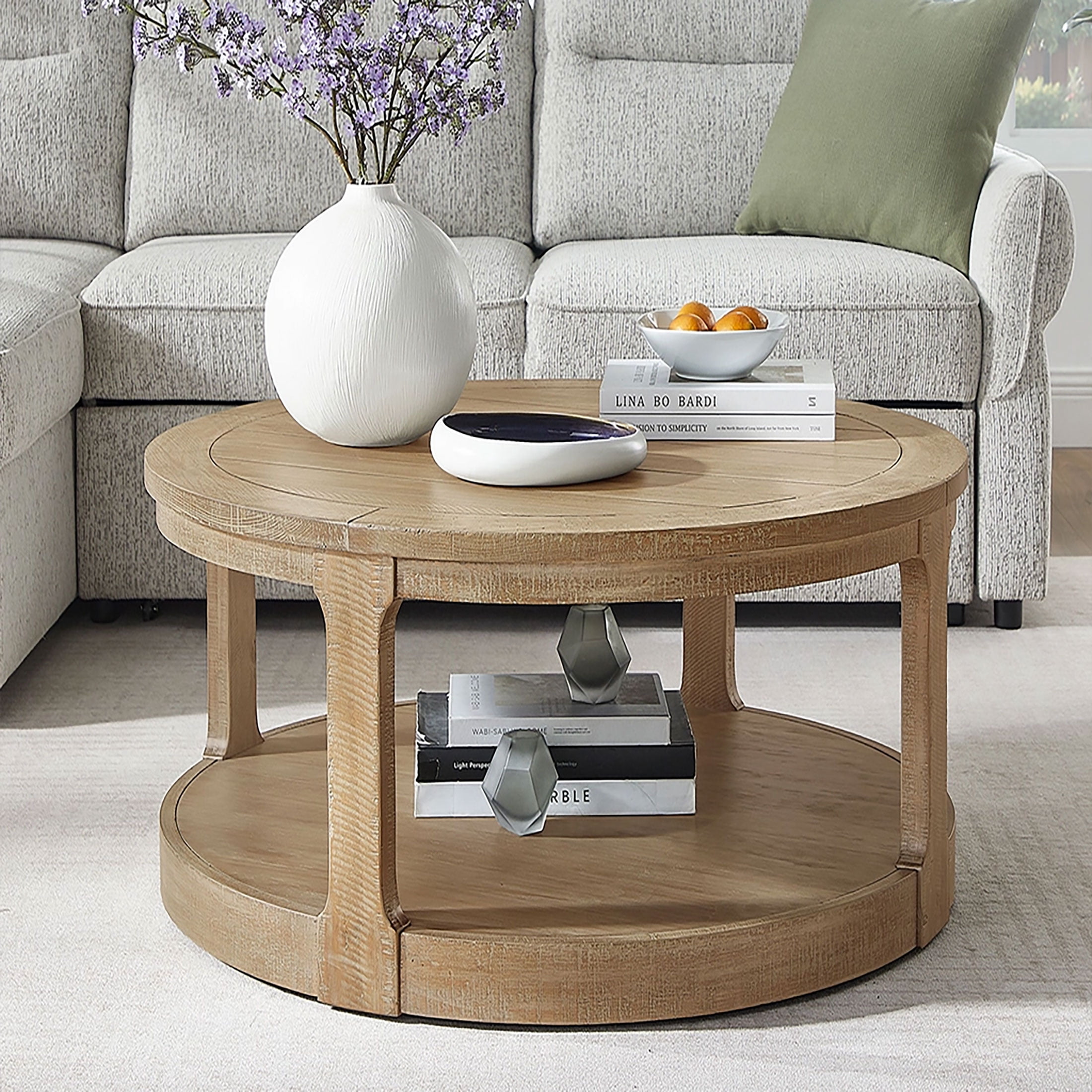 Kevinplus 2 Tier Coffee Table,Traditional Round Circle Wooden Table with Wheels for Living Room, Office, Apartment, OAK