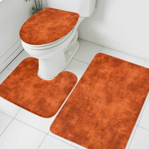 Textural Solid Deep Rust Bathroom Rugs Set Rustic Minimalist Mottled Background Non Slip Absorbent Soft Bath Mats 3 Piece Set with Bathroom Rug, U-Shaped Floor Mat, Toilet Seat Cover Small Size