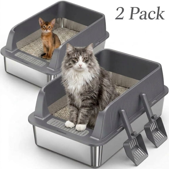 2 Pack stainless steel cat litter boxes, XL size with raised rim to prevent splashing and leakage, non-stick, and includes a litter scoop. Suitable for families with large or multiple cats.