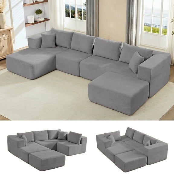 BALUS 135" Modular Cloud Sofa, 6 Seaters U Shaped Sectional Couch, Convertible Sofas with Ottomans, Living Room Furniture, Corduroy, Light Gray