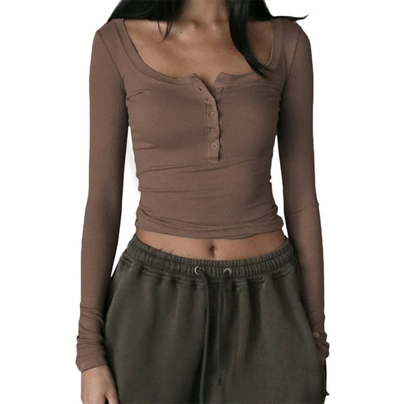 KMBANGI Women Square Neck Slim Shirt Long Sleeve Button Front Crop Tops Fitted Ribbed Low Cut Layering Tight Basic Tee(Button Brown,Small)
