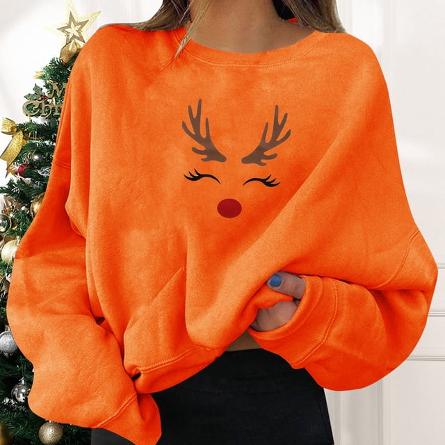 Pavied Chandails à Capuchon pour Femmes Chandails en Molleton de Noël pour Femmes Pulls de Fête de Vacances Imprimé Graphique Amusant Col Rond Manches Longues Chandails en Molleton Cadeaux Hauts Graphiques Chandails à Capuchon Tenues d'Automne Vente Liquidation Orange 2TG