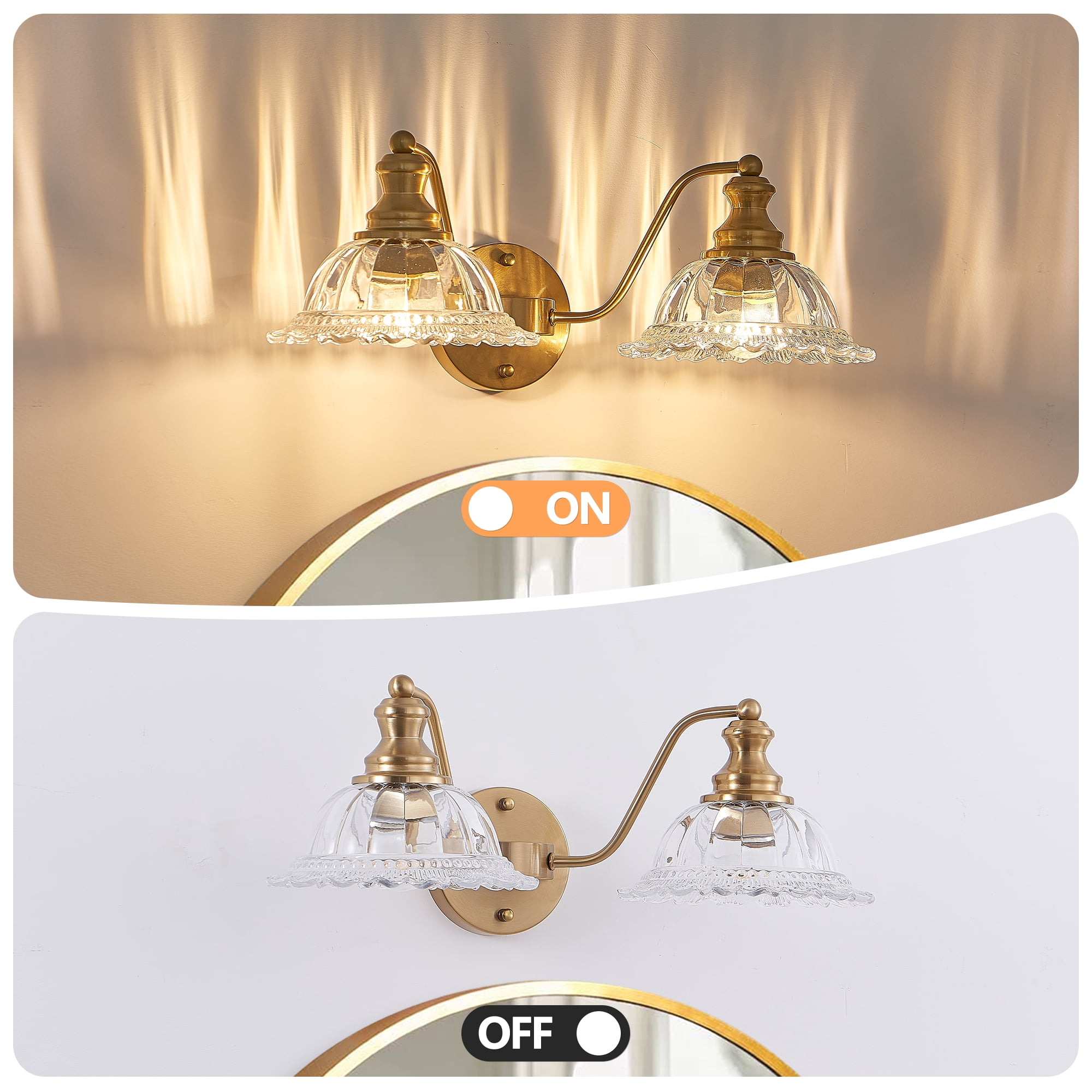 HomArltek 20 Inch Gold 2-Light Vintage Bathroom Wall Sconce – Elegant Gold Metal and Glass Lampshade Vanity Light Fixture for Bathroom, Hallway, or Bedroom (Bulb Not Included)