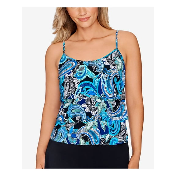 SWIM SOLUTIONS Women's Multi Color Paisley Stretch Full Bust Support Non-removable Cups Tiered Scoop Neck Swimsuit Top 8