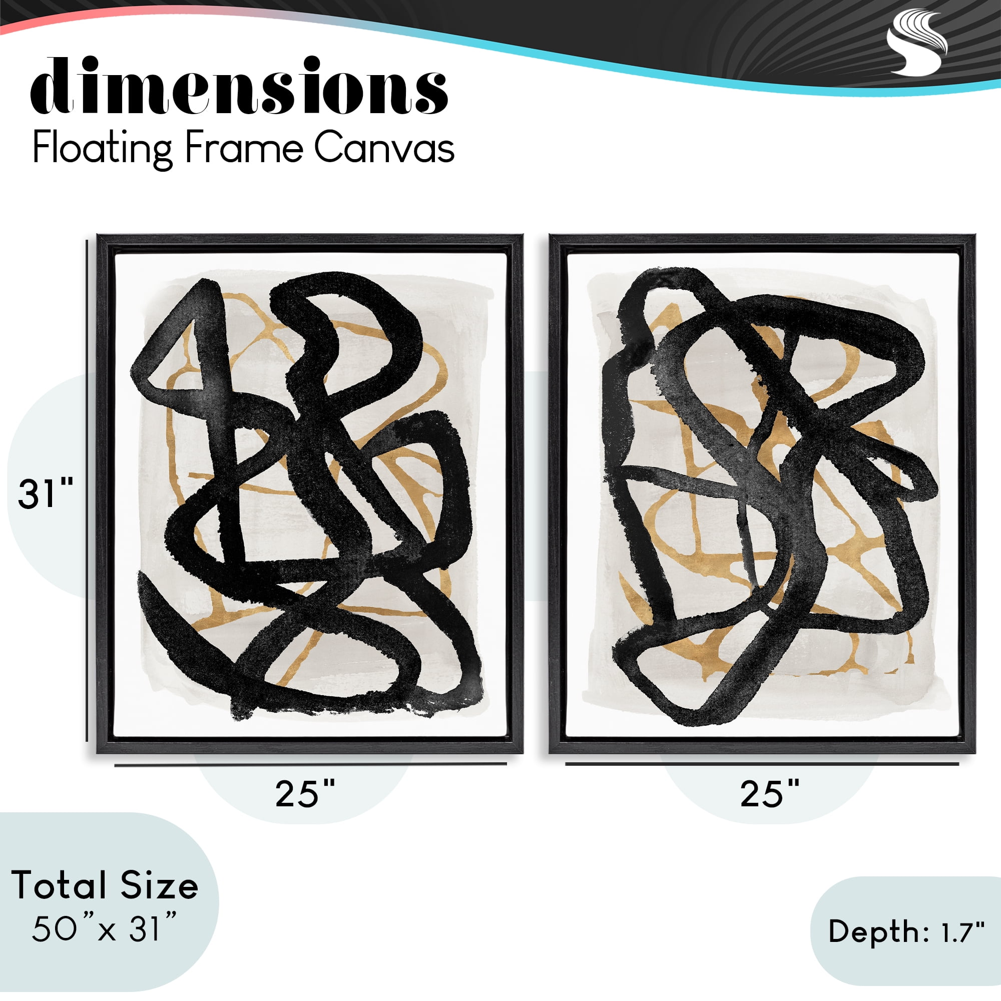Stupell Industries Contemporary Hindsight Squiggles 2 Piece Black Framed Floater Canvas Set, design by Lucille Price