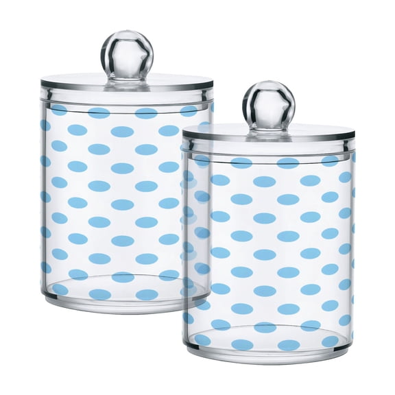 2 Pack Qtip Holder Dispenser Light Blue Polka Dot Clear Plastic Storage Apothecary Jars for Cotton Swabs Balls Pads Floss