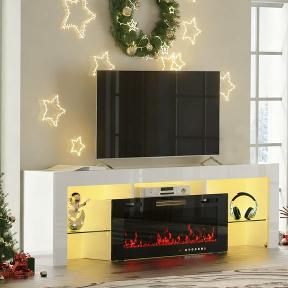 "GETYES 70"" Electric Fireplace TV Stand, White Finish, Adjustable Flame, Remote Control"