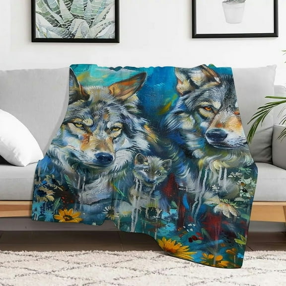 Creowell Wolfs Flowers Sky Durable Soft and Warm Flannel Blanket Fuzzy Fluffy Cozy Multi-purpose Gift Blanket For All Season 30x40in