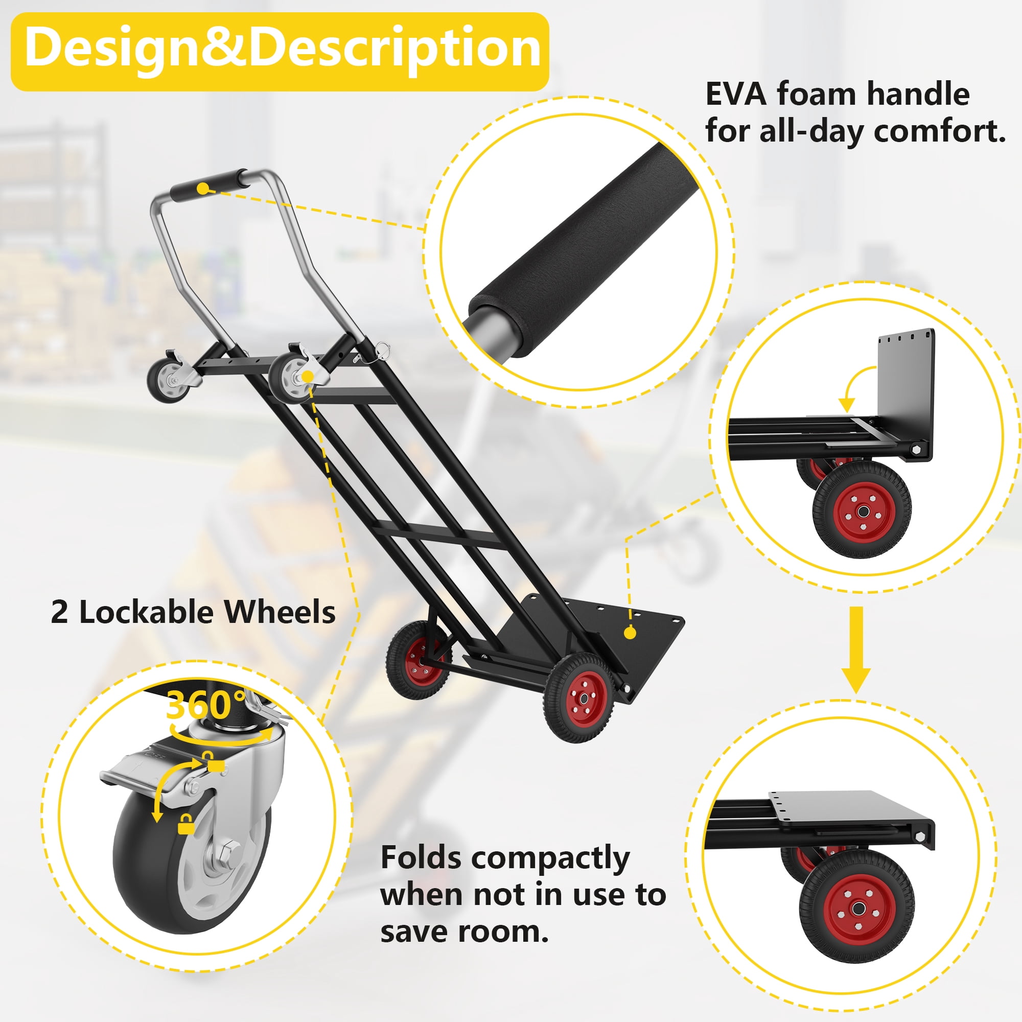3-in-1 Folding Hand Truck Dolly - 600lb Load Rating Convertible 2-Wheel & 4-Wheel Cart for Moving, Warehouses, and Home Use