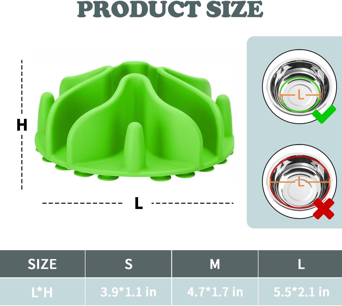 Slow Feeder Dog Bowls Insert, Silicone Slow Feeder Bowl with Strong Suction Cups Perfect for Stainless Steel Glass Ceramic Bowls (Green, Large Size)