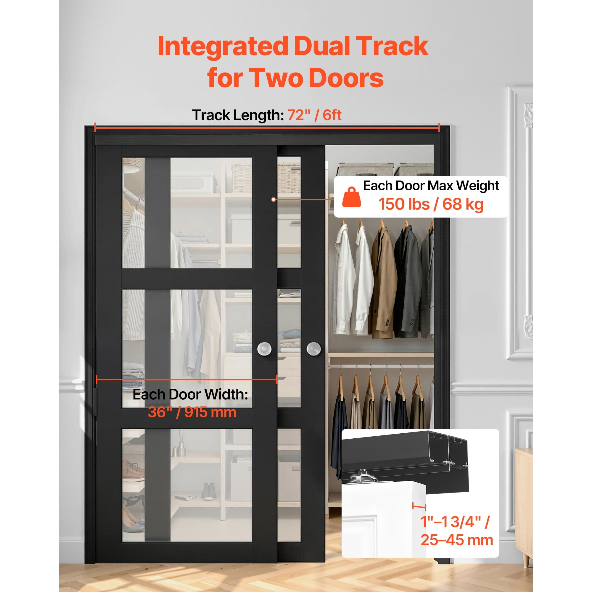 KFFKFF 6 ft Aluminum Alloy Bypass Sliding Door Hardware Kit, Dual-Track System for Smooth and Quiet Operation, Compatible with 1" to 1 3/4" Thick Doors, Fits 36" Wide 2-Door Closets,Easy Installation