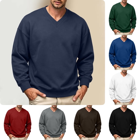 Zylanna Men's Big & Tall Long Sleeve Sweatshirt, V-Neck Solid Color Fall and Winter Loose Fit Casual Pullover Tops for Daily Wear Navy