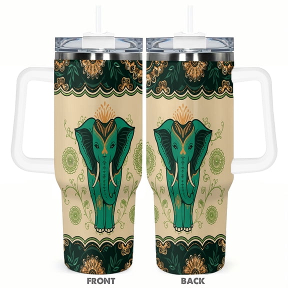 40oz Boho Elephant Travel Tumbler with Handle and Straw Lid Green Gold Mandala Insulated Car Coffee Cup Gift for Women