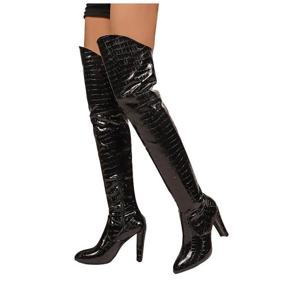 Pandaie Womens Thigh High Boots Chunky High Heel Over the Knee Long Boots Ponited Toe Leather Sexy Fall Boot for Date Party Club Black 6.5