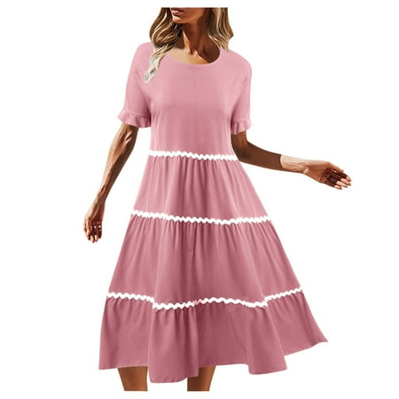 Blphud Summer Dress Casual Womens Dresses Summer Women Summer Dresses Short Sleeves Crewneck Maxi Dresses Solid Color Boho Long Dresses Short Sleeve Long Dresses for Women Casual Pink XL