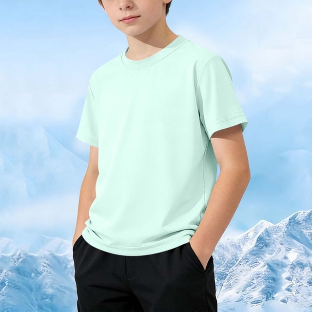 Zpanxa Boys Athletic Shirts Solid Color Round Neck Short Sleeve Tee Large Outdoor Sports Breathable Top With Polyester 9-10 Years