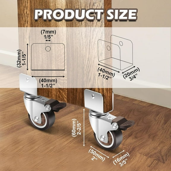 DASAW-2 Inch Caster Wheels with 3/4” (20 mm) U Bracket, Small Rubber Casters Set of 4 with Brake, 360 Degree Ball Bearing Plate Swivel Castors Wheels, Crib Caster Wheels for Dresser, Cabinet, De