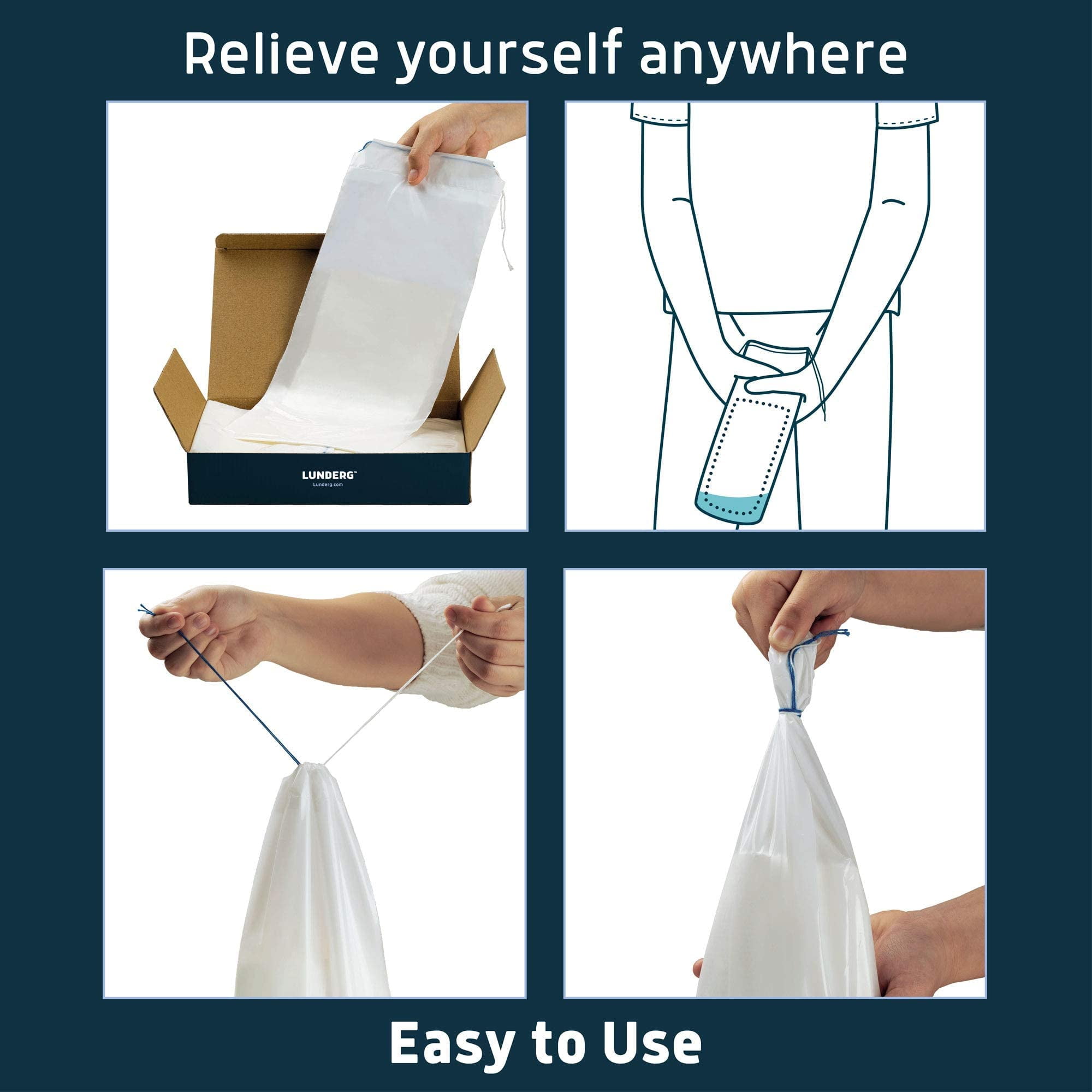 Lunderg Disposable Urine Bags for Men with Super Absorbent Pad - Value Pack 40 Count - Disposable & Portable - For travel, Car Pee Bag or Pocket Toilet for Emergency & Camping. Help Yourself Anywhere