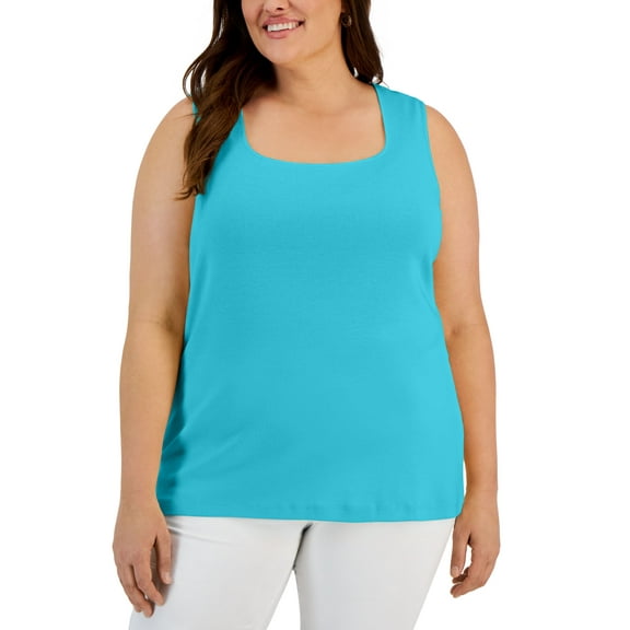 Plus Size Cotton Square-Neck Sleeveless Tank Top Aqua Oasis 4X