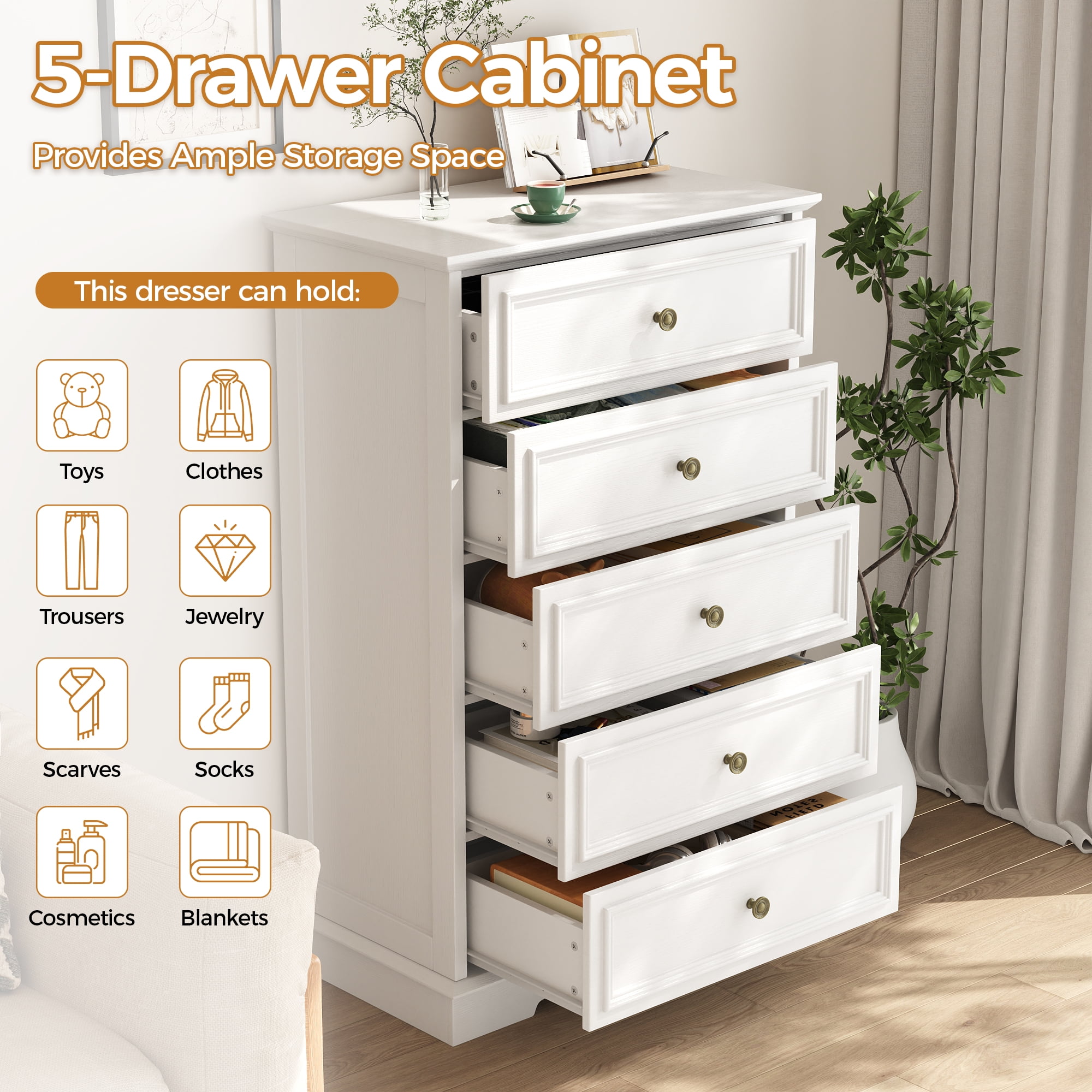 5 Drawer Dresser, Wood Chest of Drawers for Bedroom, Retro Storage Cabinet Dresser Organizer Unit with Antique Bronze Round Handles for Living Room, Closet, Hallway, Entryway