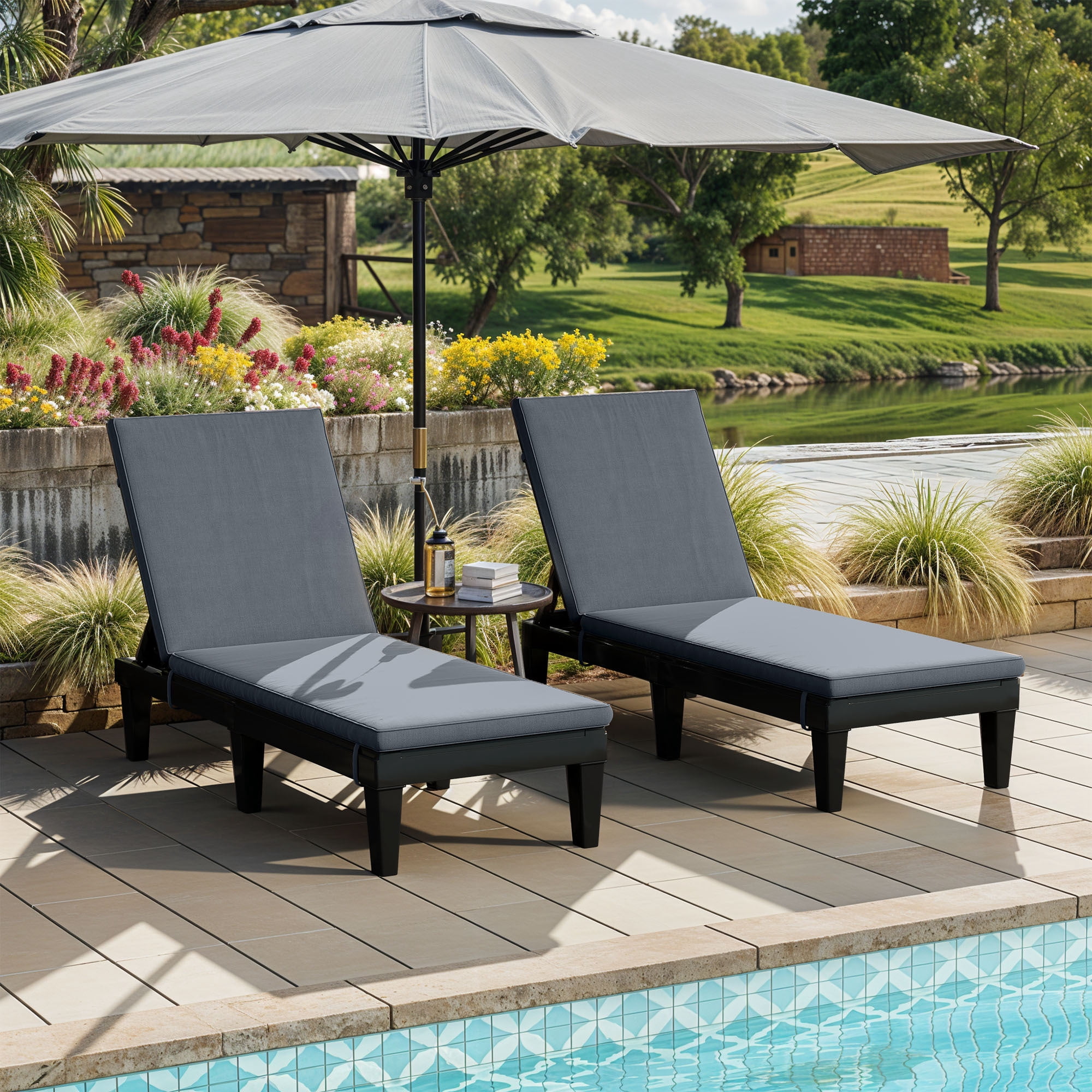 Uforic 2 Pack Adjustable Outdoor Chaise Lounge Chairs, 5-Position Reclining Plastic Pool Lounger with Soft Cushion, Waterproof Easy Assembly Patio Recliner for Poolside Backyard Garden, Grey