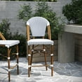 thumbnail image 6 of Merrick Lane Set of Two Indoor/Outdoor Stacking French Bistro Counter Stools with White and Navy Patterned Seats and Backs & Bamboo Finished Metal Frames, 6 of 12