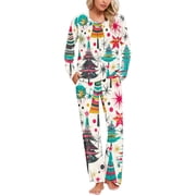 Tnhcen Festive Women's Christmas Pajamas Set Long Sleeve 2-Piece Sleepwear with Pockets Cute Print Nightwear Lounge Homewear S-3XL
