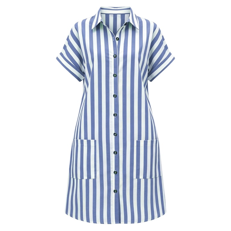 blue and white vertical striped dress Virmaxy women summer 2026 Women's Button Down Mini Shirt Dress Collared Rolled Short Sleeves Front Pockets Loose Fit Casual Summer Sundress S-XXL Colors may run in atr_2ndtype-W-Tailored Black Sequined V-Neck Mini Size:30 x 30