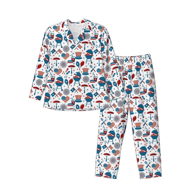 Balery Fourth Of July Party Pijama para Hombre de Dos Piezas con Manga Larga, Conjunto de Dormir y Descanso Suave con Bolsillos-Medium