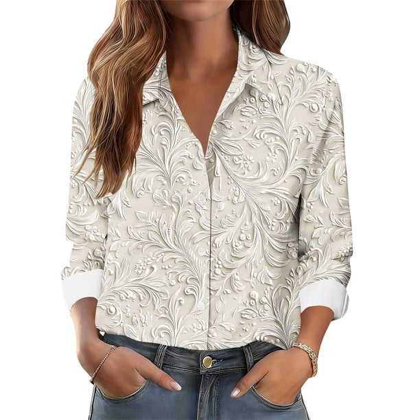TaTaai Women Collared Printed Casual Button Down Shirt Long Sleeve Blouse Ladies Daily Commute Street Office Wear Soft Breathable Non See Through Machine Washable Top Gift