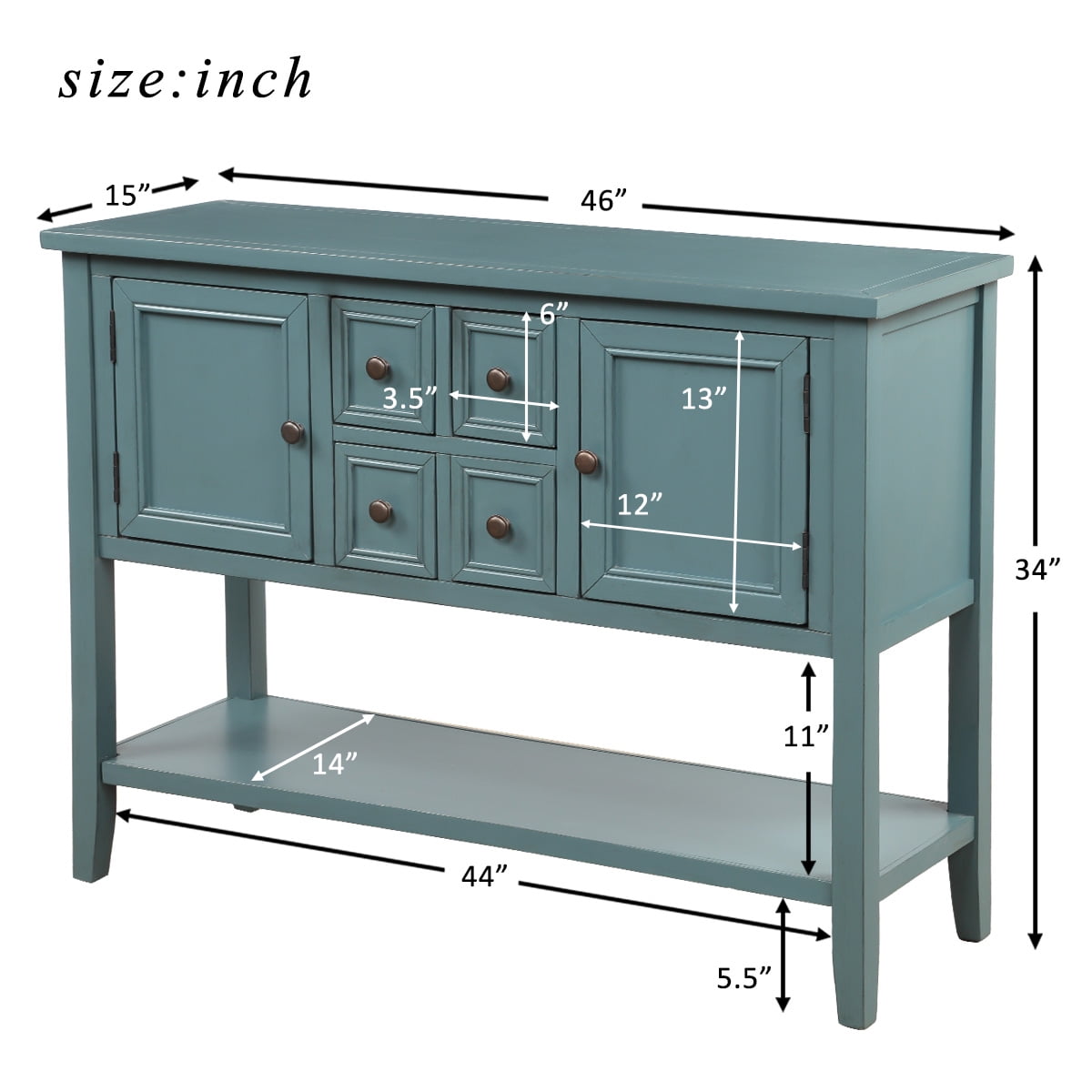Console Table with 4 Storage Drawers,Storage Vintage Wood Buffet Sideboard Desk with 2 Cabinets and Bottom Shelf, Retro Entryway Table Cupboard for Living Room, Foyer, Hallway