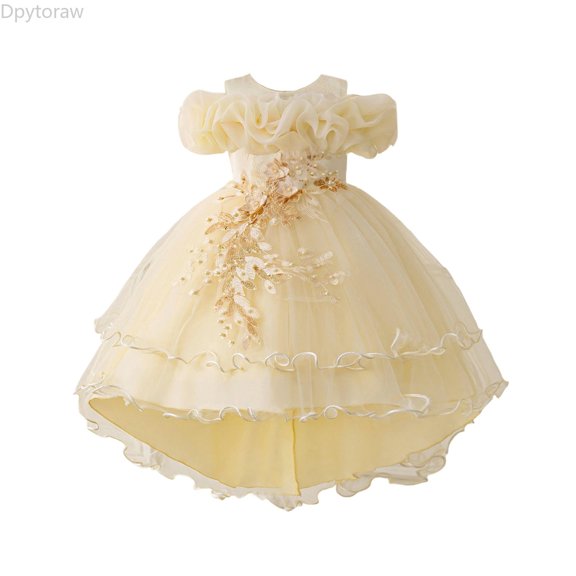 Dpytoraw Dress For Girls Satin Girl Dress With Puffed Sleeves For Birthday Party Christening And Toddler Short Sleeve Dresses,Beige Size 3-4 Years