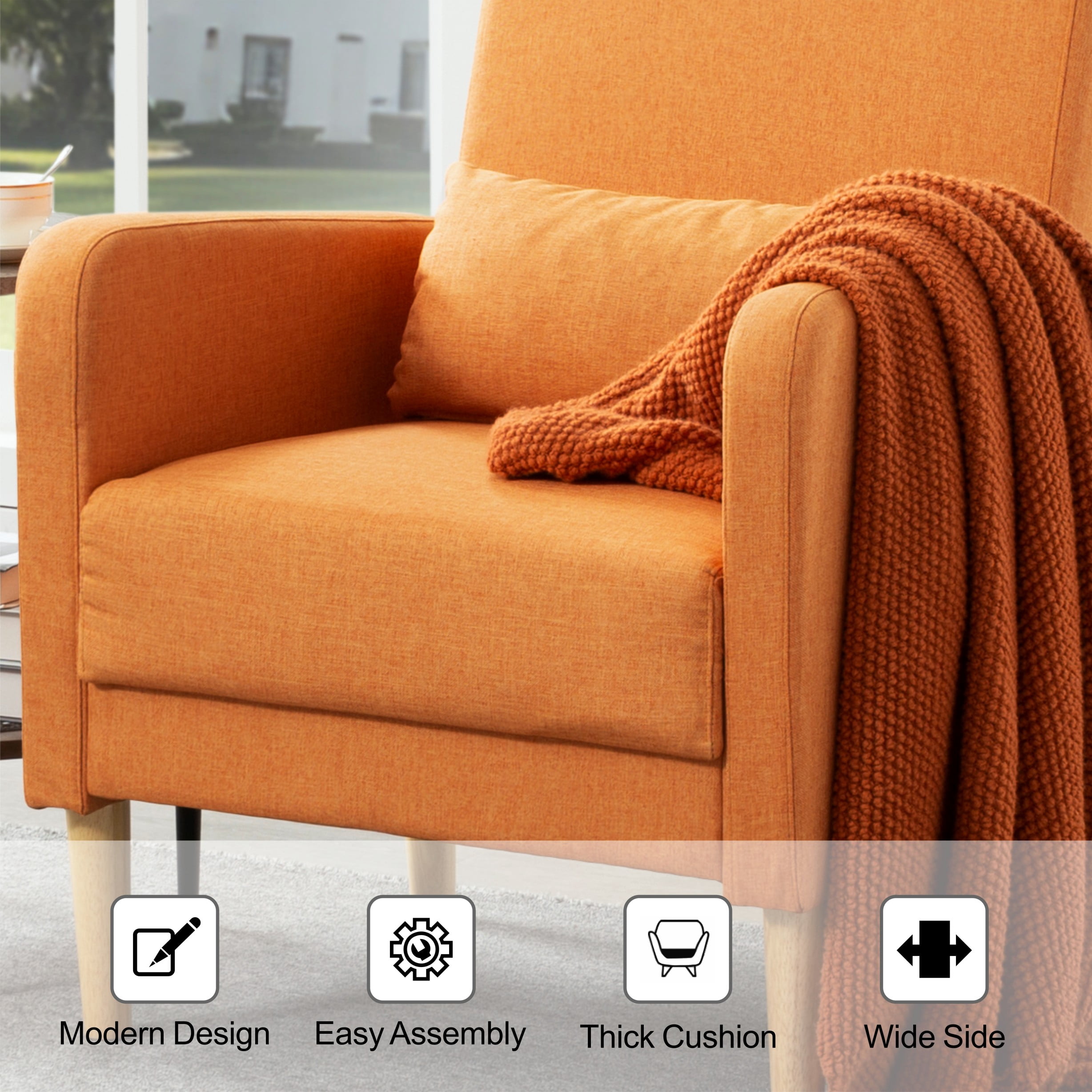 BSHTI 26.5" Accent Chair with Solid Wood Frame, High-Density Foam Seat, 5 Colors, Easy Assembly, Includes Pillow, Linen Orange