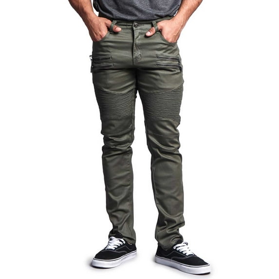 Victorious Men's Coated Slim Fit Moto Pants Biker Jeans - Olive - 40/32