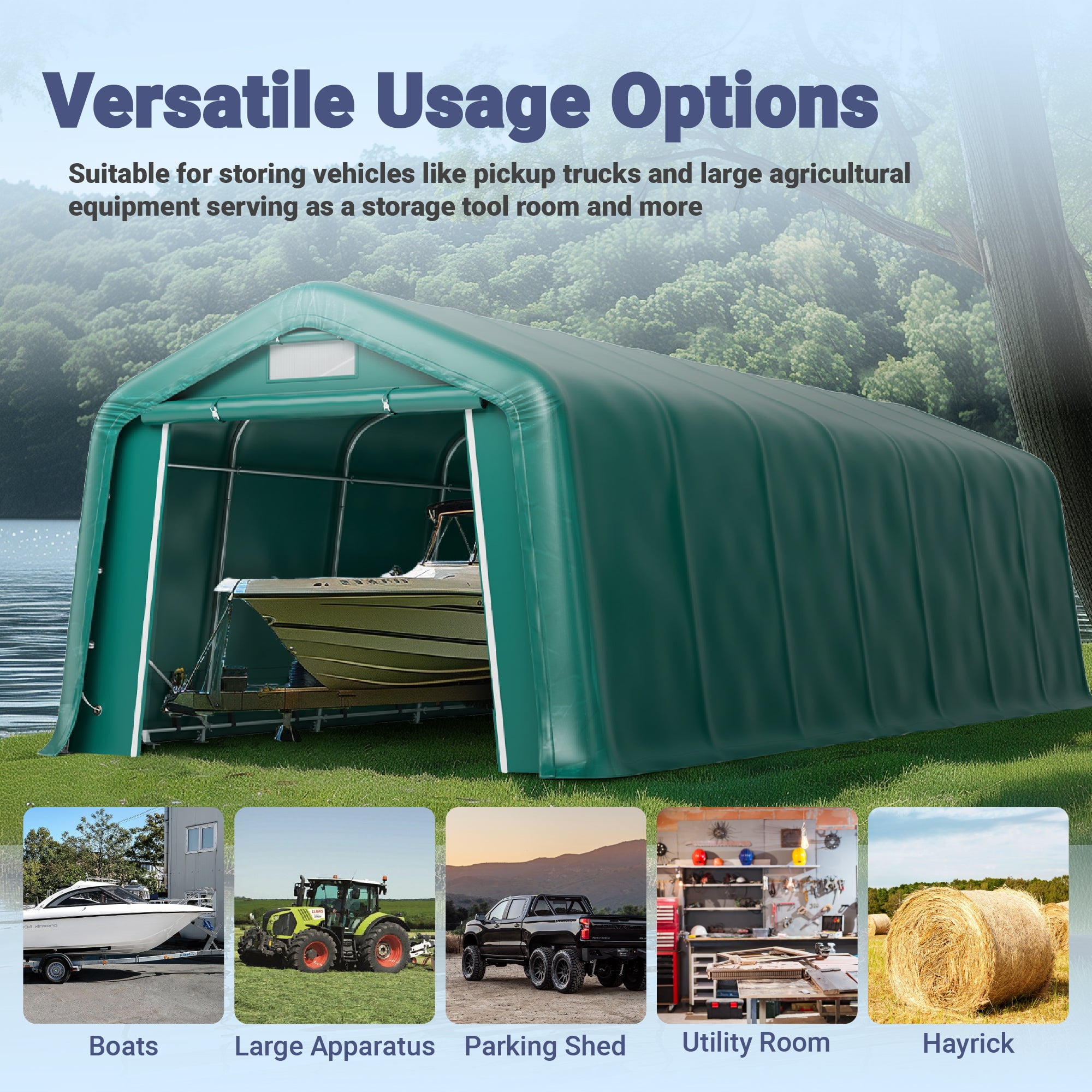 Summit Living 11 x 28 x 8.4 FT Green All-Weather Outdoor Portable Storage Shed, Steel Peak Style Canopy Carport, Agricultural Storage Shelter Tent