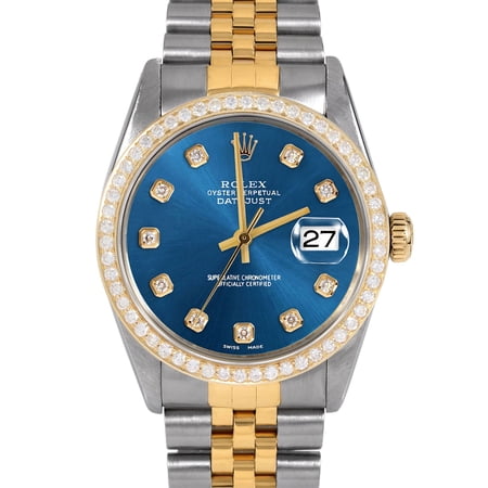 Pre-Owned Rolex 16013 Men's 36mm Datejust Watch Custom Blue Diamond Dial & Bezel (3 Year Warranty) (Good)