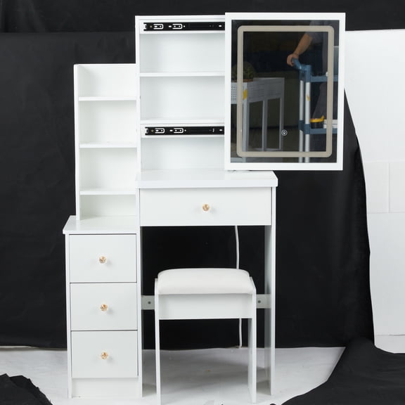 Small Size Vanity Table Set with Touch Control LED Mirror