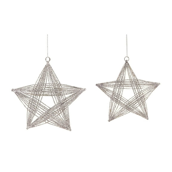 Set of 2 Silver Glittered 3D Wire Frame Star Christmas Ornaments 8.25"