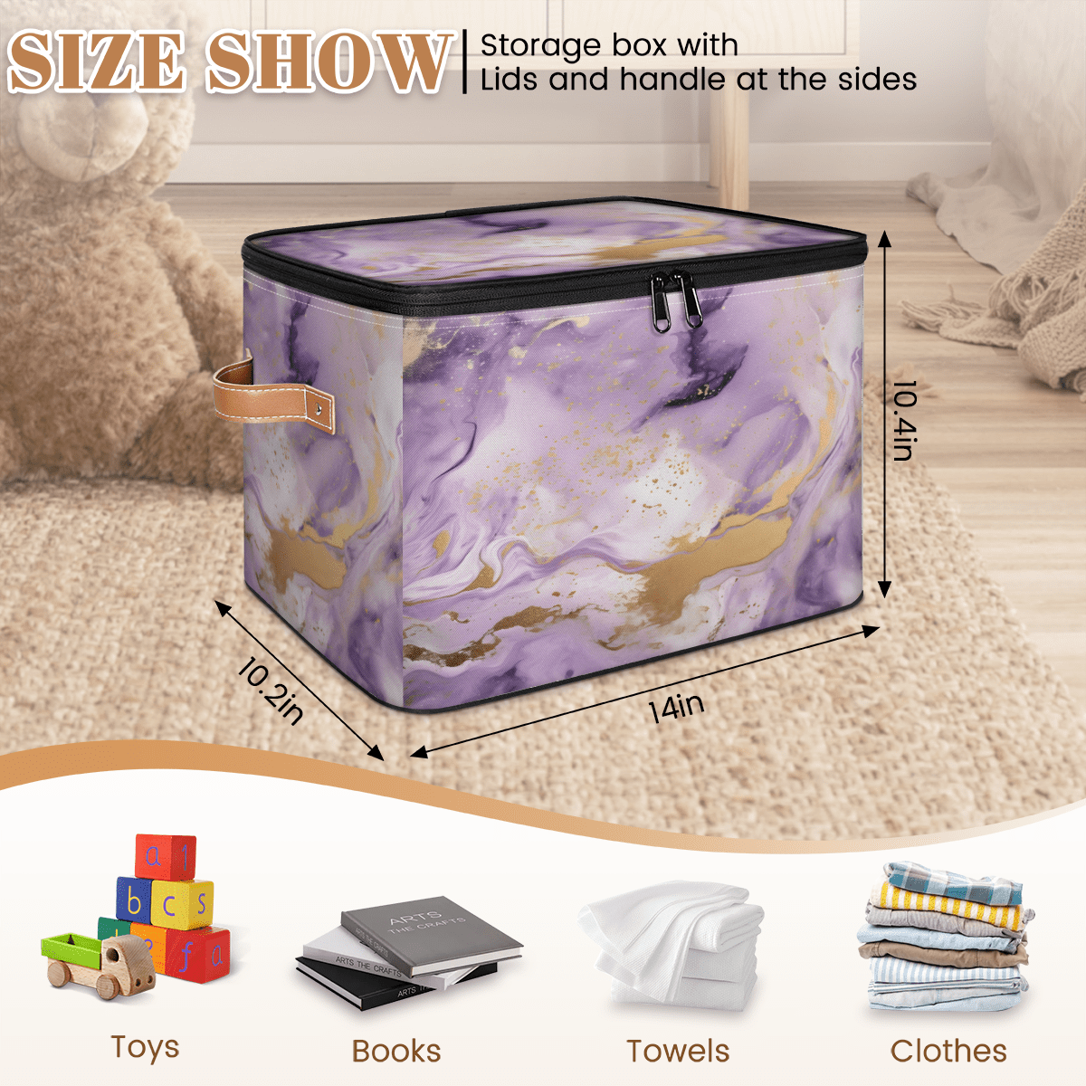 ADECORIVY Marble Geometric Color Print Storage Bin with Zipper Lid, Fabric Storage Baskets Boxes with Handles, Decorative Clothes Organizer Containers for Shelves, Wardrobe, Closet