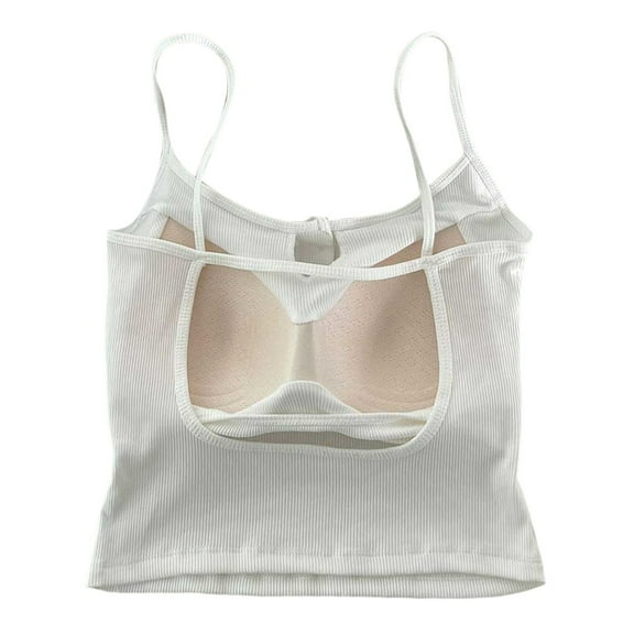 Wang6 Women Cropped Ribbed Camisole with Built in Bra Summer Sleeveless Button Tank Tops Trendy Workout Fitness Yoga Cami T-Shirts Tees X_White One Size