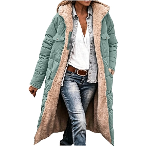 Ghalytn Women's Reversible Long Hooded Winter Coat, Fleece Lined Puffer Jacket with Pockets