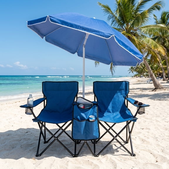 2 Person Folding Camping Chair Set with 55 in Umbrella, Portable Double Beach Chairs with Cooler Bag and Cup Holders, Blue