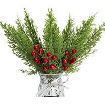 60 Pcs/Set Christmas 3D Artificial Pine Branches- 12.5 Inch Faux Evergreen Cedar Sprigs Branches- Fake Foliage Pine Needles Picks with Artificial Red Berry Stems for DIY Christmas Decoration
