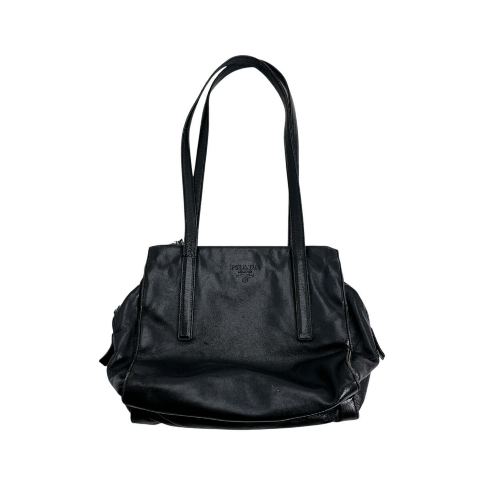 Pre-Owned PRADA Tote Bag Logo Embossed Leather Black (Fair