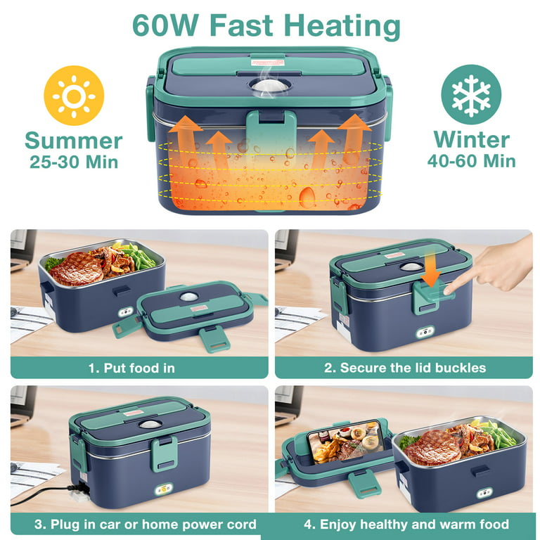 Electric Heating Lunch Box Portable Food Storage Container Food Warmer  Heater for Home Office US Plug 110V(Green)