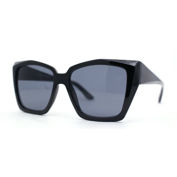 Womens Thick Bevel Geometric Cut Plastic Butterfly Sunglasses All Black