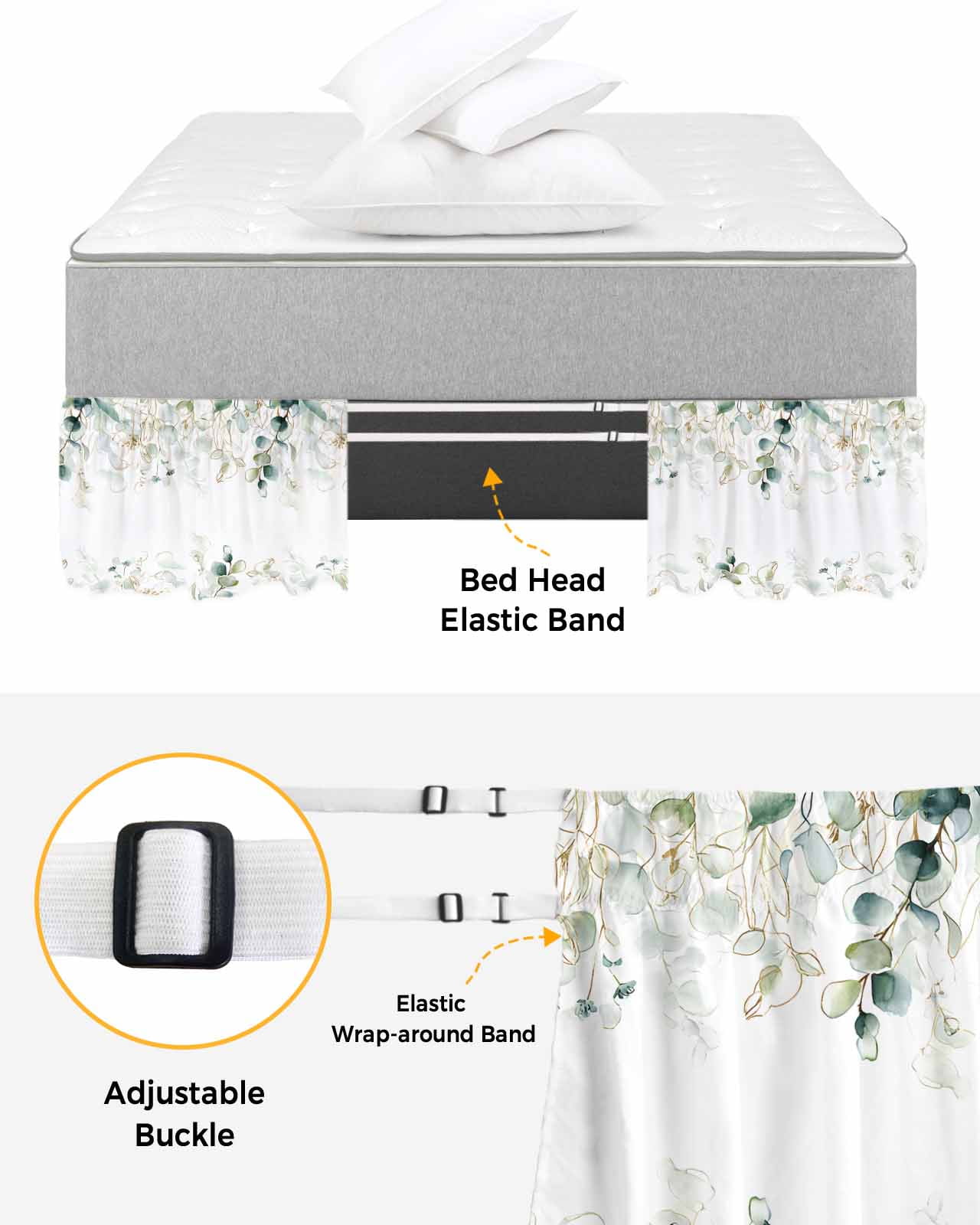 Eucalyptus Leaves Wrap Around Bed Skirts for Queen Bed 16" Drop,Bed Skirt with Adjustable Elastic Belt Dust Ruffle Bed Valance for Bedroom Hotel Watercolor Sage Green Golden Floral Bed Frame Cover